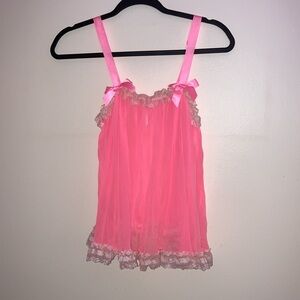 Victoria’s Secret Hot Pink Lace Trim Babydoll Lingerie Teddy Sheer Top Bows VS